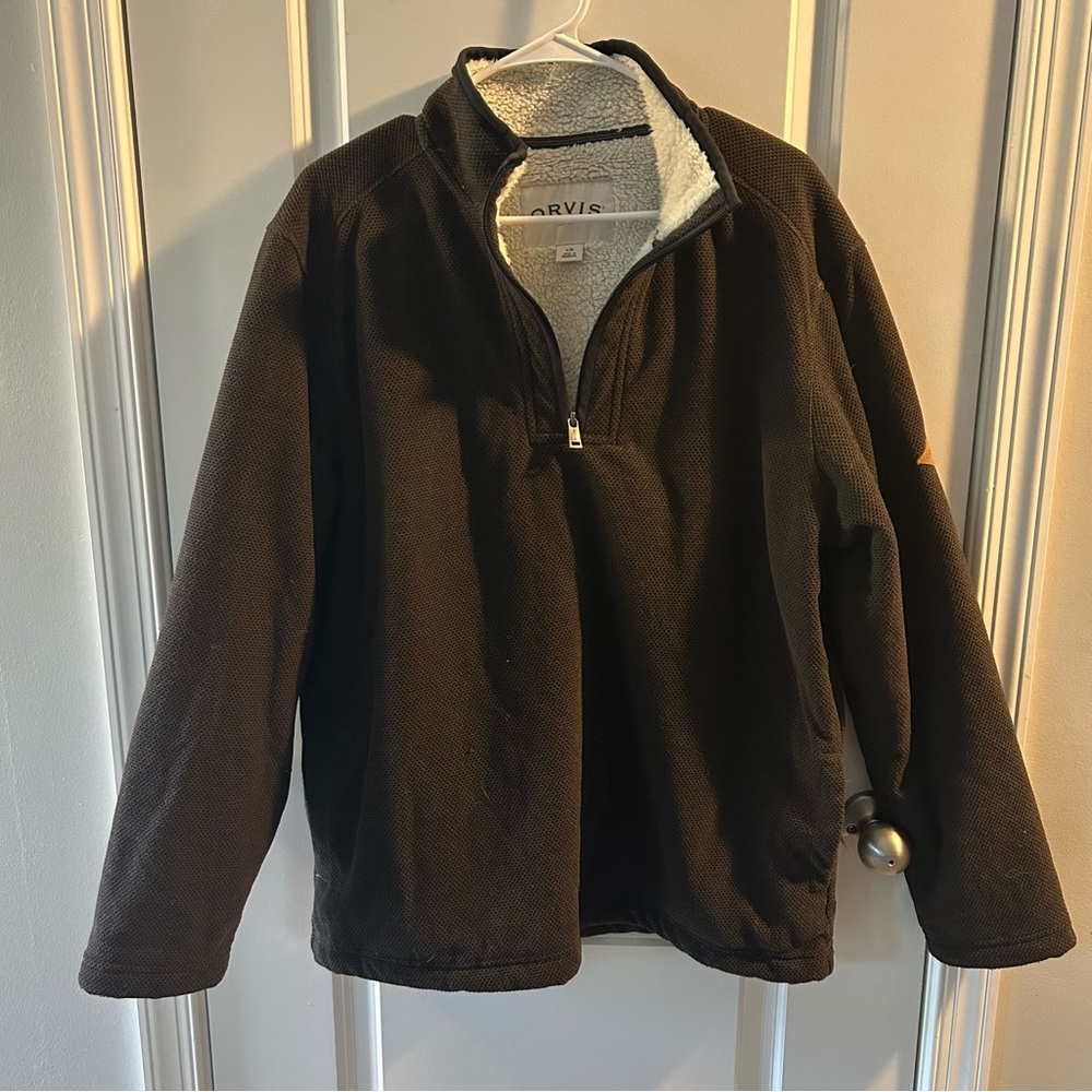 Orvis Sherpa Lined 1/4 Zip Collared Sweater Adult Large Brown Deep Pile Lining